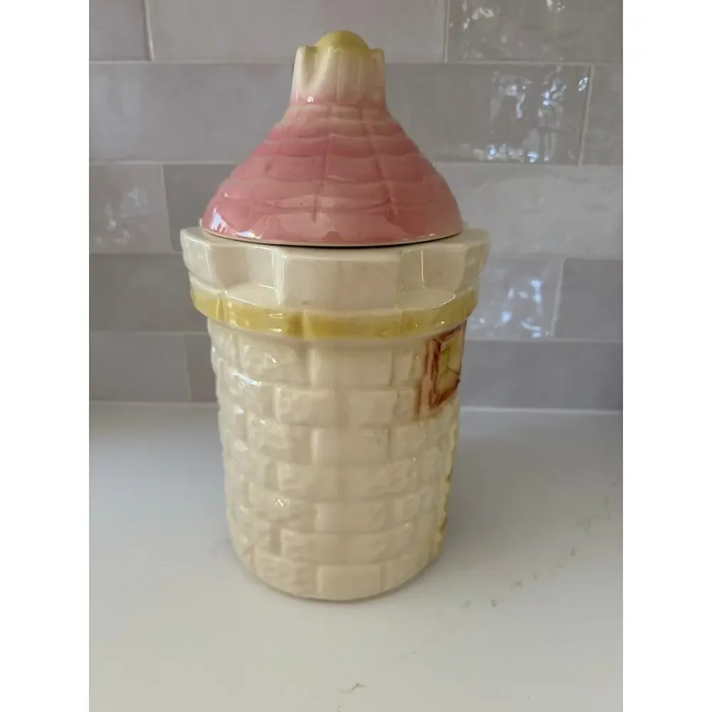 Vtg Collectible Bisque Cardinal China Castle Tower Cookie Jar Canister USA 1950s